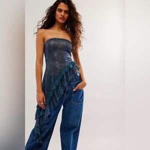 Free People NWT Taylor Sequin Tube Top in the color navy size L